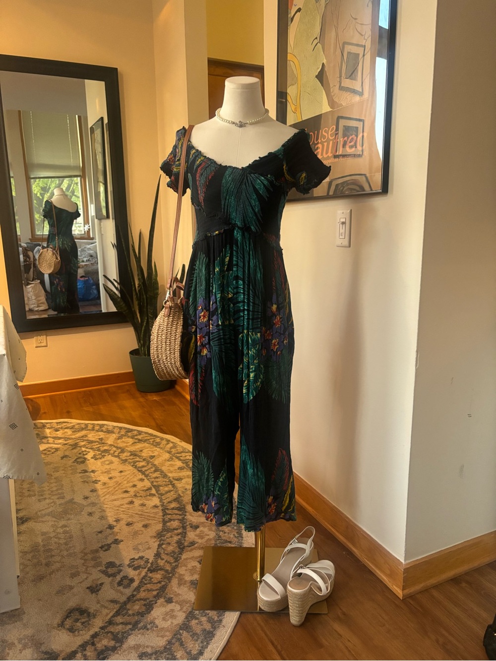 Patrons of Peace Black Tropical Print Off-Shoulder Jumpsuit with Green Leaves